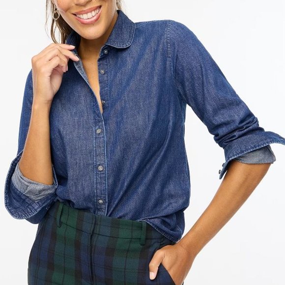 New women's J Crew Factory chambray button up shirt Peter Pan collar denim - Picture 1 of 11